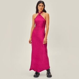 Nasty Gal Knot Halter Pink Satin Midi Dress | Size 6